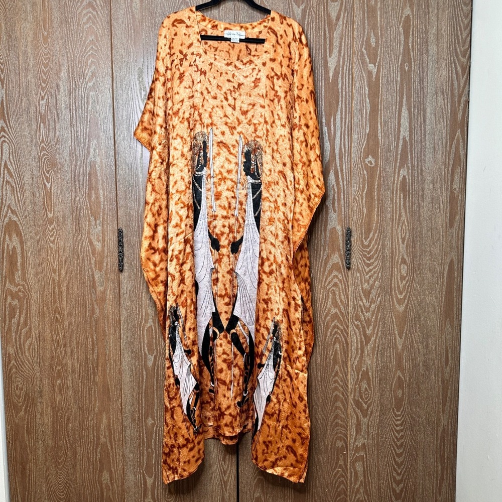 African Essence Kaftan Maxi Dress Orange Maasai Graphic One Size Boho Loungewear - Picture 2 of 11